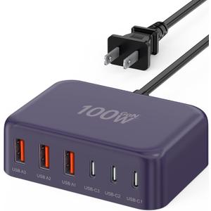 [2026 Updated] USB C Fast Charger, 100W GaN 6 Port Type C Charging Station Hub Block Cube, USB C Wall Charger Power Strip Adapter Plug for iPad iPhone 17 16 15 14 Pro Max Pixel Note Galaxy, 5ft Cord