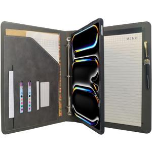 Tablet Organizer Portfolio Case with 3-Ring Binder, Binder Padfolio File Folder with Removable Tablet Holder, Compatible with 13-inch iPad Pro M5 (2025)/M4 (2024),Gray