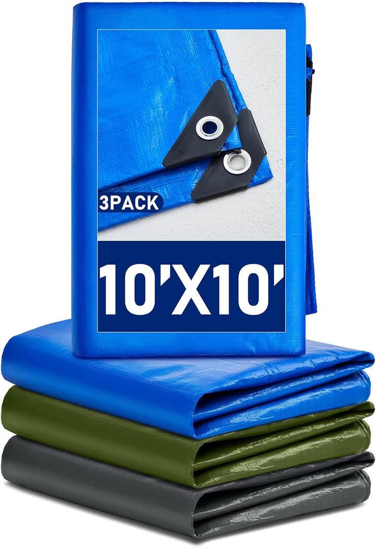 3 Pcs Large Waterproof Tarp 10 x 10 Ft Heavy Duty 5.5 Mil Thick Poly Tarpaulin with Grommets Multipurpose Protective Cover for Summer Home Boats Cars Camping Rv Pool Tent (Green, Blue, Silver)