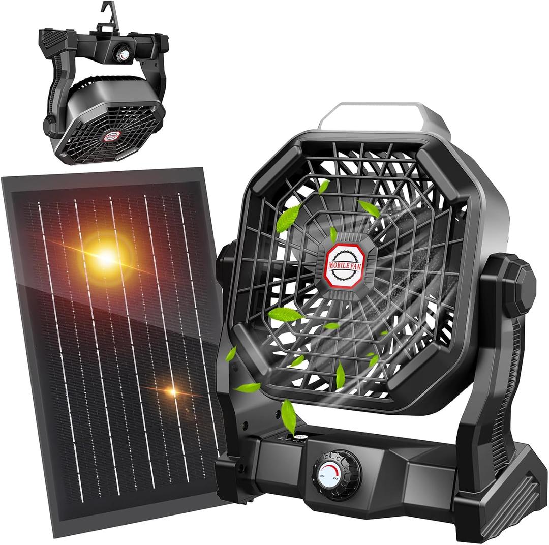 10400mAh Solar Fan with LED Lantern, Camping Fan with Solar Panel, 7W Rechargeable Solar Powered Fan for Outside, Quiet Battery Operated Tent Fan for Picnic, Barbecue, Fishing, Travel (Black)