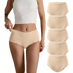 SHARICCA Seamless High Waisted Underwear for Women Cheeky Underwear Wave Edge No Show Bikini Panties Ribbed Panties Pack (Large, All Nude)