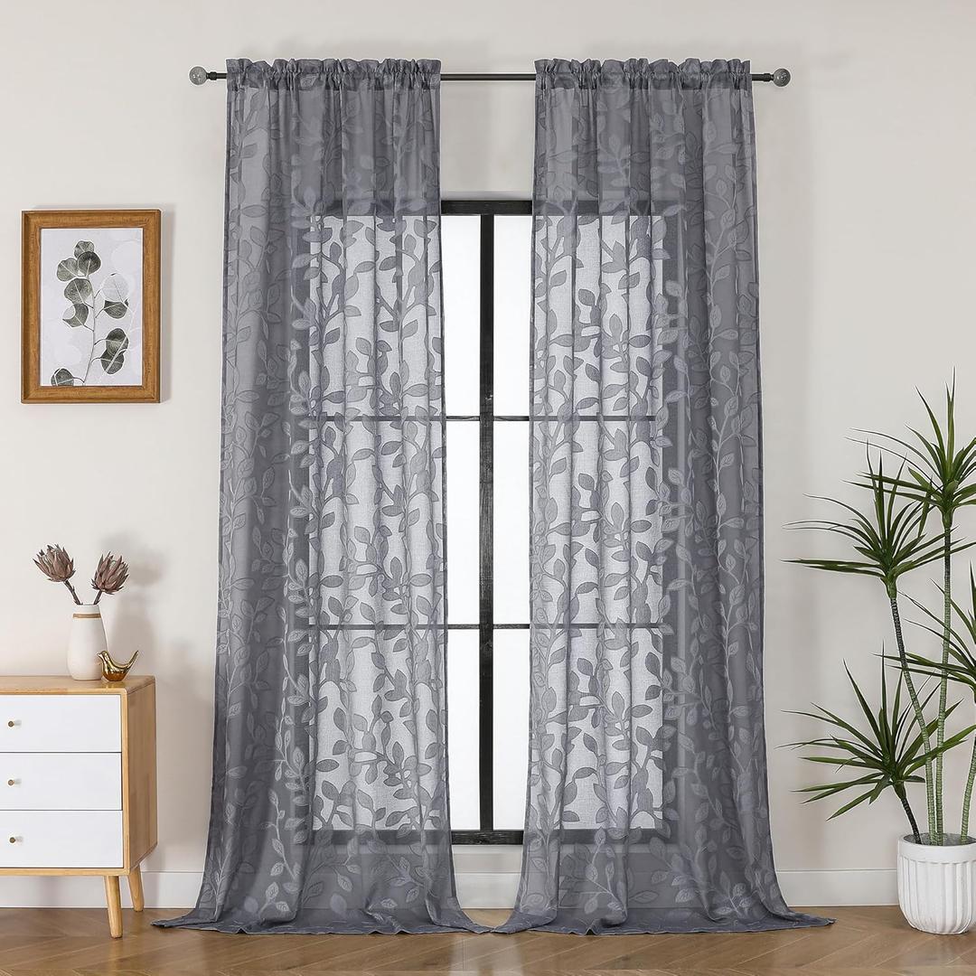 OVZME Grey Sheer Curtains 96 inches Long 2 Panels for Living Room, Jacquard Clip Leaf Pattern Textured Light Filtering Window Semi Sheer Voile Drapes for Bedroom, Each Panel 42 x 96 Inch