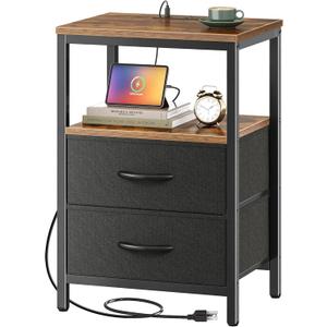 Huuger Nightstand with Charging Station, Side Table with Fabric Drawers, End Table with Open Shelf, Bedside Table with USB Ports and Outlets, Night Stand for Bedroom, Rustic Brown and Black, 11.8"D x 15.7"W x 23.6"H