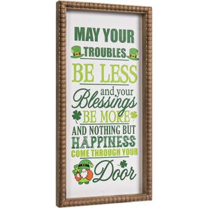 St Patrick's Day Wall Decor, Wooden May Your Troubles Be Less Irish Blessing Sign, Saint Patrick's Wood Decorative Signage Art Framed Kitchen Bedroom Office March Farmhouse Home Decorations (Green)