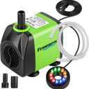 FREESEA Fountain Submersible Water Pump: 10Watt 160GPH Adjustable Aquarium Pump With LED Light 3.3ft Tubing for Outdoor Pond | Small Fish Tank | Waterfall (Black and Green)