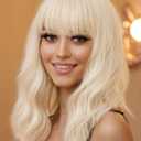 Blonde Wig with Bangs Short Bob Wigs for Women Wavy Shoulder Length Synthetic Platinum Blonde Wig for Halloween Girl Cosplay Costume
