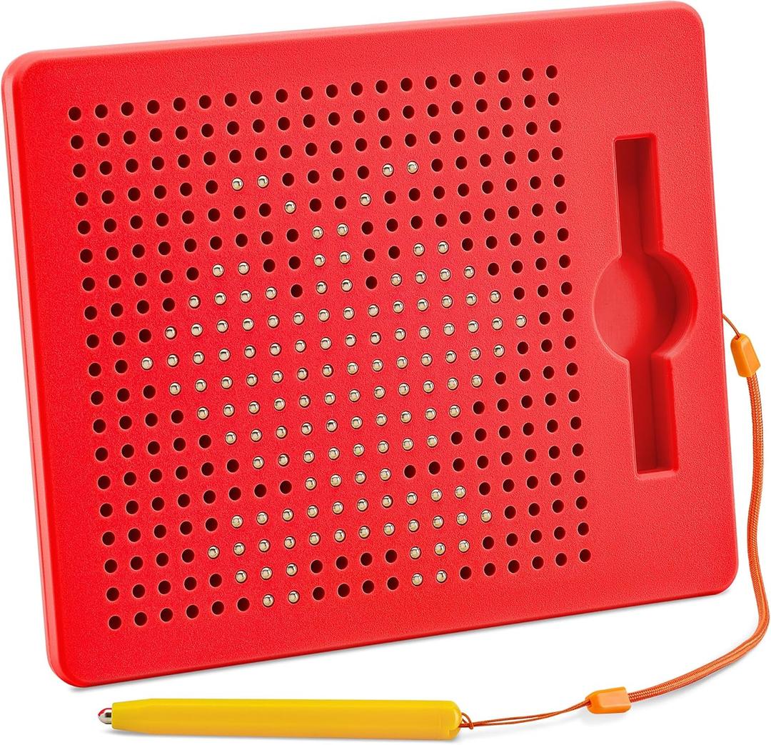 AYNAT FUN Magnetic Drawing Board for Kids & Toddlers with Beads and Magnet Stylus Pen - Magnetic Tablet Toy for Airplane & Car Ride Activities for Kids (Square Red)