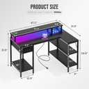 DUMOS 47 Gaming Desk with USB Charging Ports & LED Lights, Reversible L Shaped Desks Computer Corner Gamer Table with Power Outlets Monitor Stand Storage Shelves for Home Office Small Space, Black