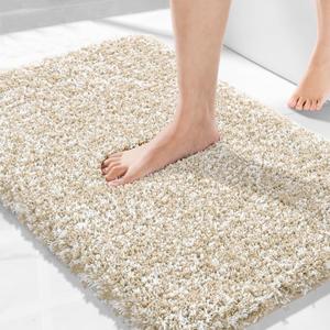 Yimobra Bath Rugs for Bathroom 32X20, Ultra Soft and Water Absorbent Bath Mats, Non Slip Plush Shower Mat Outside, Microfiber Mats for Bathroom Floor/Tub, Machine Washable, Light Beige and White