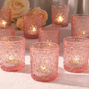 Pink Votive Candle Holder Set of 12, Flower Tea Lights Candles Holders for Wedding Table Centerpieces, Birthday Parties, Anniversary, Pink Bridal Shower and Holiday Decorations