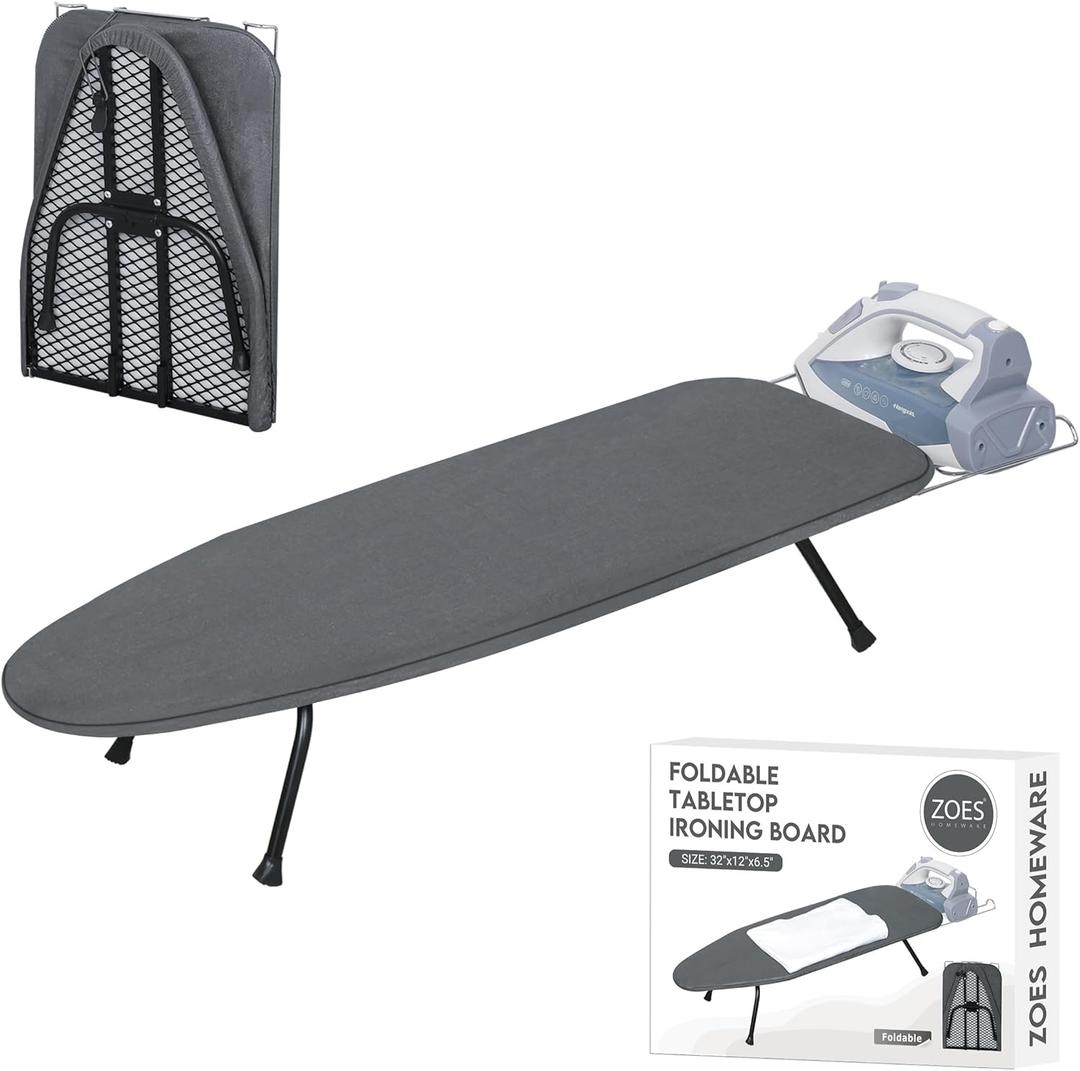 ZOES HOMEWARE Metal Mesh Panel Tabletop Ironing Board | Foldable Iron Board | Heavy Duty Small Iron Board with Heat Resistant Cover and 100% Cotton 8mm Thicken Pad | 31.5"x11.8"x6.2" (Black/Grey)