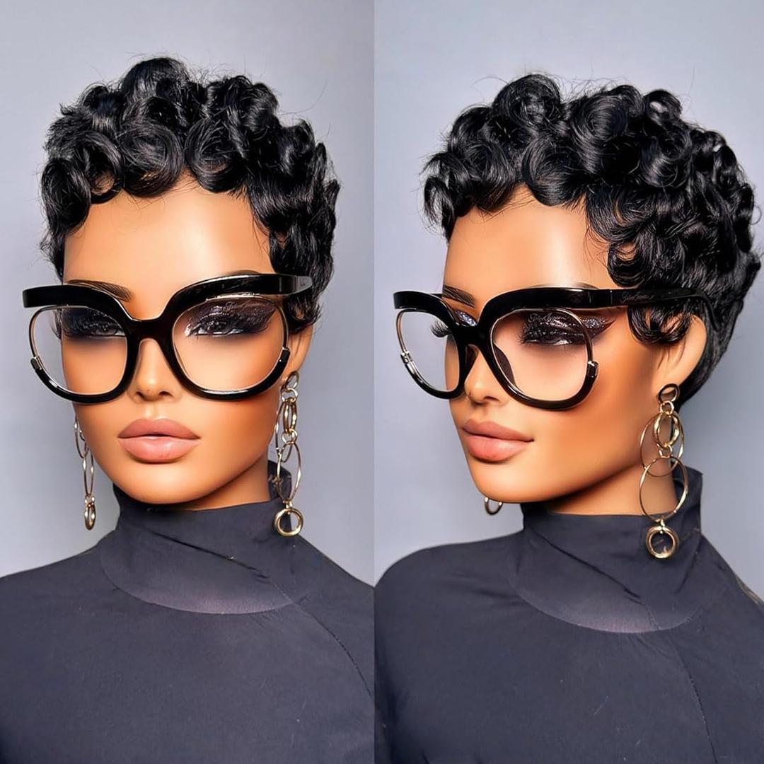 Pixie Cut Wig For Black Women Short Layered Curly Wavy Pixie Cut Human Hair Wigs Brazilian Virgin Human Hair Glueless Women Wigs With Bangs Natural Black Color for Daily Use (1B Curly)