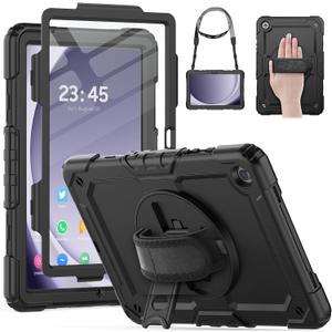 HXCASEAC Case for Samsung Galaxy Tab A9+ Plus 11 Inch, Protective with Screen Protector/Hand Strap/Pen Holder, Sturdy Shockproof for Samsung A9 Plus Tablet Case SM-X210 SM-X216 SM-X218 - Black (Black/Black)