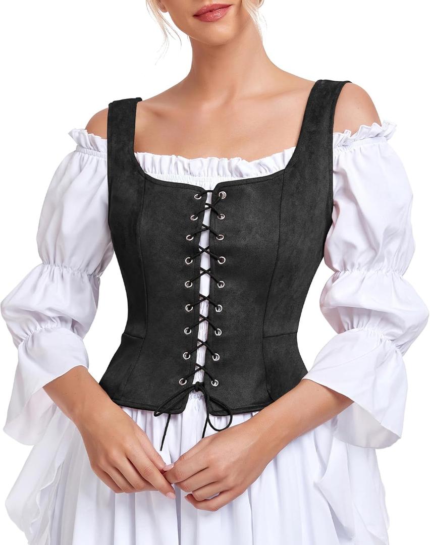 Century Star Renaissance Corset Costume Women Pirate Medieval Viking Floral Top Ren Faire Vest Victorian Plus Size Bodice (Large, Black)