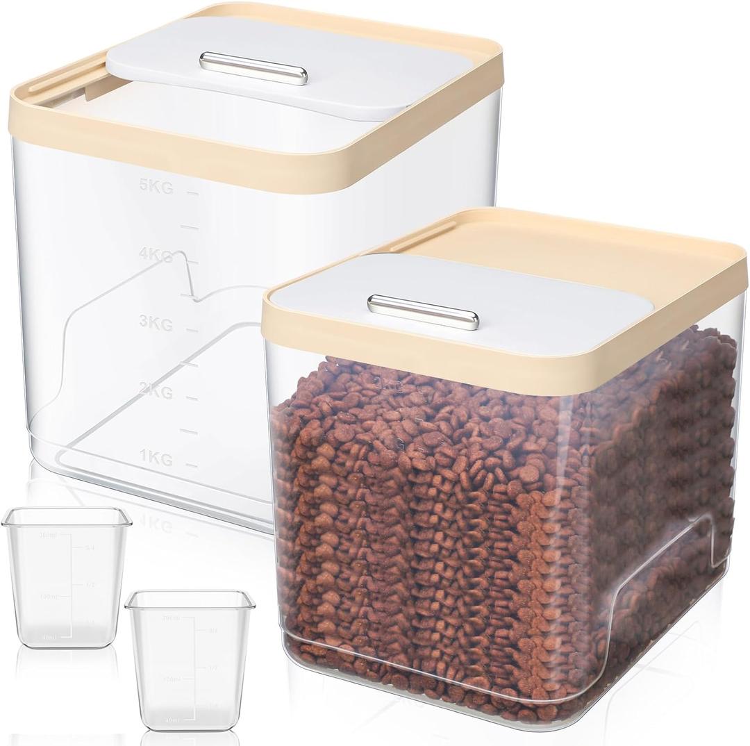 2 Pack Airtight Dog Food Storage Container, Up to 10 Lbs, Pet Cat Food Container Clear Storage Bin with Measuring and 2 Scoops for Dog Cat Bird and Other Pet