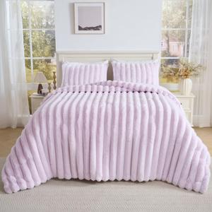 HKMR 2 Pieces Fluffy Faux Rabbit Fur Comforter Set Twin Size, Plush Fuzzy Bedding Set, Stripes Design Warm Soft Comforter Bedding Set for All Season, Lavender, 66"x 90"