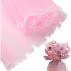 CCINEE 4.37 Yards Flower Wrapping Mesh PaperPearl Wrinkled Wavy Net Yarn Flower Wrapping Mesh Paper for DIY Crafts Valentine's Day Wedding Florist Supplies (Pink)