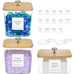 POLRAI 3 Pack Laundry Pod Containers and Dryer Sheet Holder, Laundry Room Organization Storage Containers with Lids and Labels for Detergent Pods Dry Sheet Organizing, 2+1 Pack, Natural