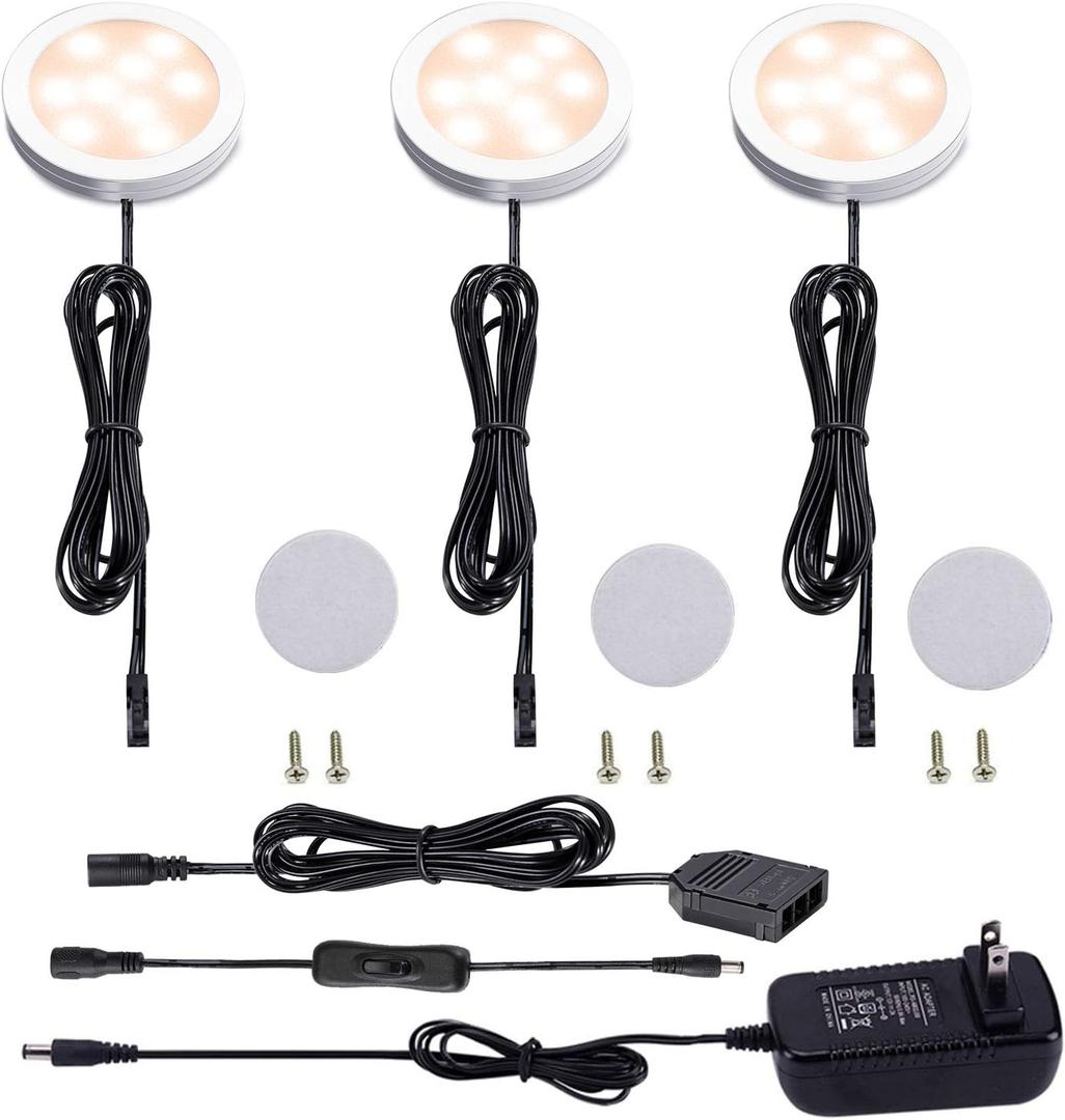 AIBOO 12V LED Under Cabinet Lighting Kit 3 Packs Slim Aluminum Puck Lights with 2-Way Switch All Accessories Included for Counter Closet Lighting 6W (Warm White)