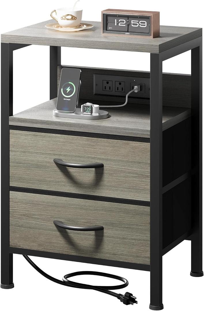 Lazzanto NightStand Bedside Charging Table Bedroom - Night Stand with Charger Station, Modern Nightstand with Open Shelf & 2 Fabric Drawers, End Table with USB-C USB Ports & AC Outlets for Dorm, Grey
