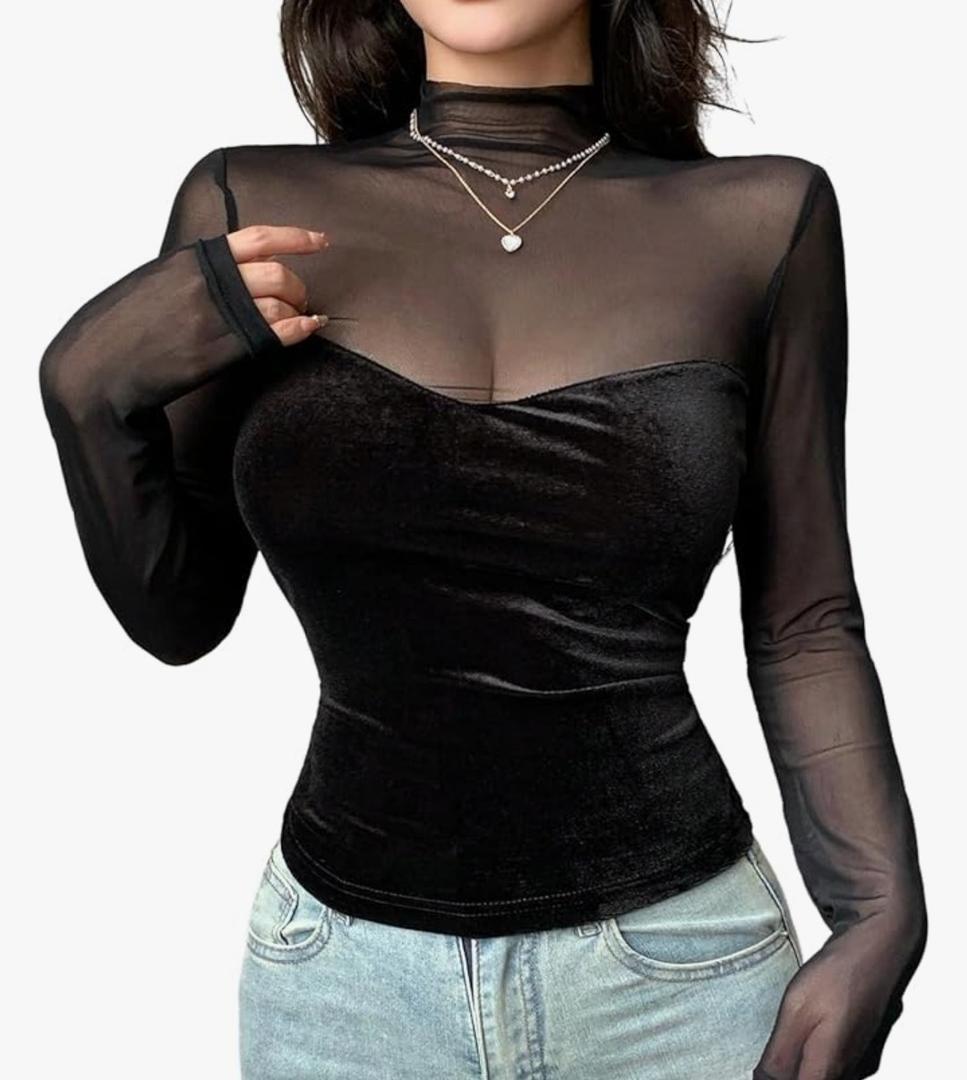 RoseSeek Women's Sheer Mesh Velvet Long Sleeve T Shirts Mock Neck Fitted Tee Tops Elegant Fall Going Out Outfit, Medium