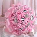 9.8" Pink Bridal Wedding Bouquet Throw Toss Artificial Rose Flower Bunch with Bling Brooch for Bride Bridesmaid Wedding Quinceanera