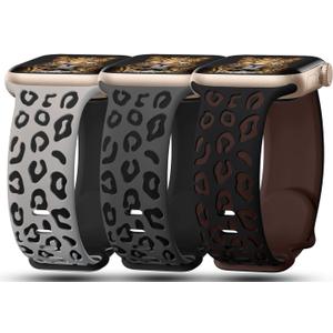 3 Pack Leopard Engraved Bands Compatible with Apple Watch Band 41mm 40mm 38mm 42mm 44mm 45mm 46mm 49mm Women, Soft Silicone Cheetah Embossed Sport Strap for iWatch Series 10 9 8 7 6 5 4 3 2 1 Ultra (Black&Coffee,DGrey & Black,Grey&Black)