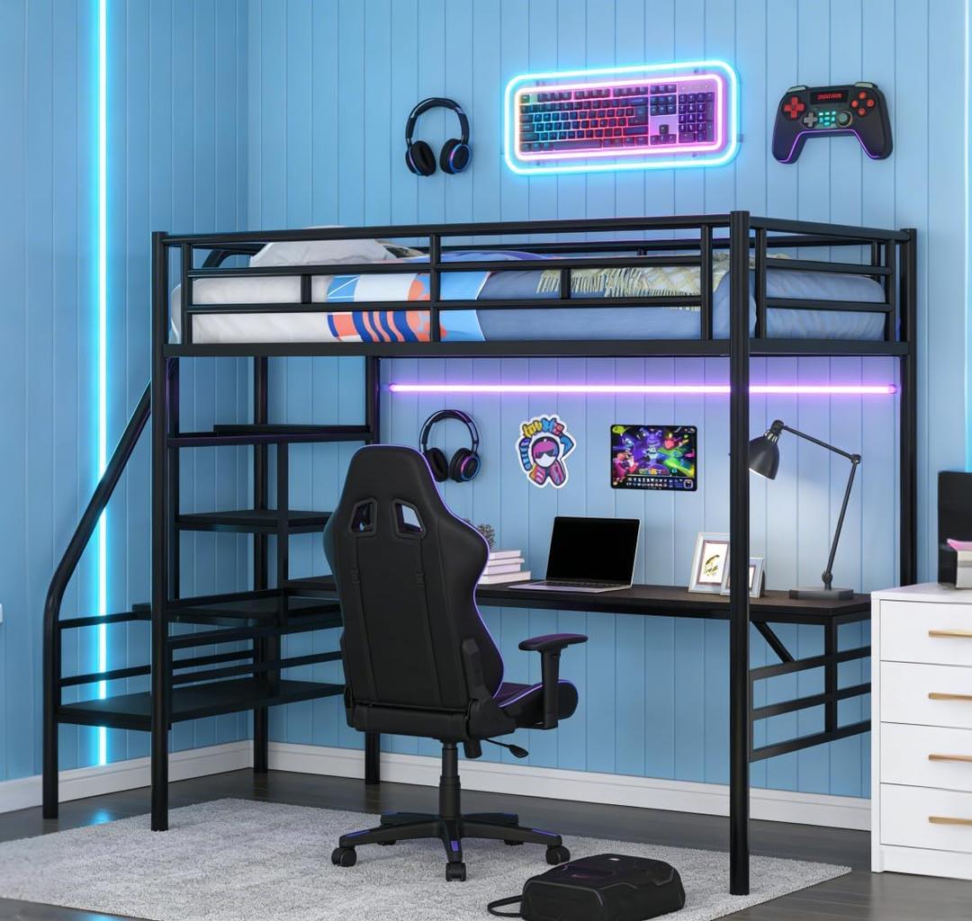 Bellemave Twin Size Loft Bed with Storage Stairs, Metal Loft Bed for Kids, Teens, Black