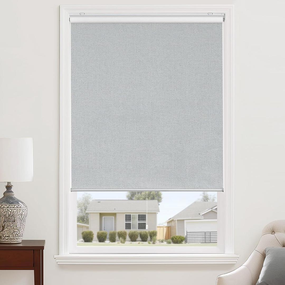ChrisDowa Cordless 100% Blackout Roller Shade, with Striped Jacquard, Thermal Insulated, UV Protection Fabric, Total Blackout Blinds for Window, French Doors, Home and Office. Light Grey, 27"W x 72"H