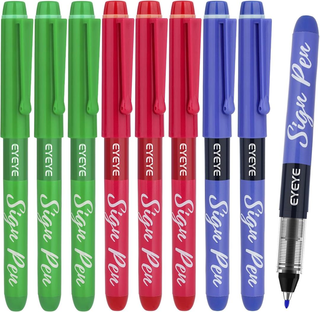 EYEYE Sign Pens 9 Pack (Blue Red Green)- 1.0mm Nib Tip - 0.6mm Line, Liquid Ink Sign Pen Smooth Writing - Fineliner Marker Pens Quick Drying