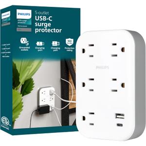 Philips EZFit 5-Outlet Extender Wall Tap with Surge Protection, Grounded Adapter, Charging Station, 3 Prong, 1 USB-A, 1 USB-C, 900J, White, SPP3513W/37