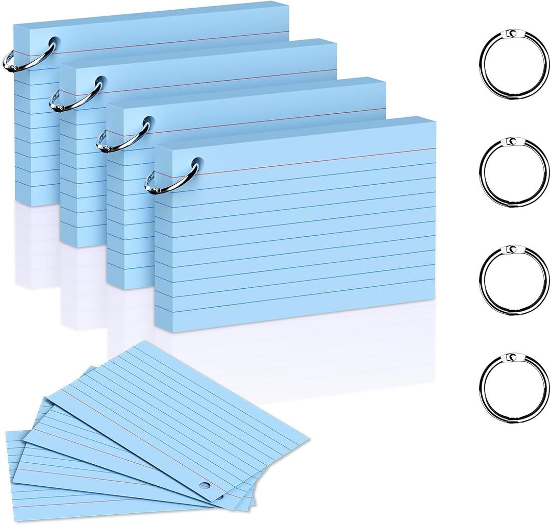 2 x 200 Count 3 x 5 Inch Blue Index Cards with Binder Rings, Lined & Blank Study Cards, Thick Cardstock Flash Cards for Students & Teachers, Color-Coded Notecards for School, Home, Work