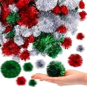 Knitgrip 150 Pcs Large Glitter Tinsel Pom Poms 2.5" 2" 1.4" 1" Christmas Pom Pom Balls Red Green Silver Jumbo Sparkle Balls Cat Toys for DIY Craft Making and Christmas Decorations