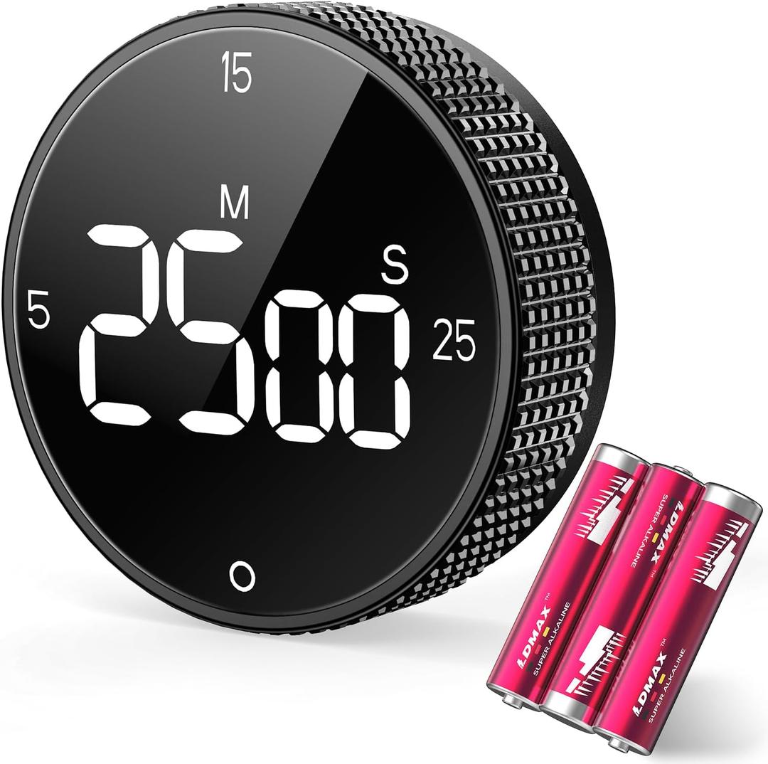 Magnetic Kitchen Timer for Cooking with Loud Alarm - Large LED Display Rotating Countdown Pomodoro Timer, Preset 5/15/25 Mins Easy for Seniors and Kidsfor Baking Grilling Studying (Black)