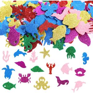 300 Pieces Glitter Sea Animal Foam Stickers Foam Colorful Self-Adhesive Sea Fish Sticker Ocean Animals Shapes Stickers Theme Party Supplies for Greeting Cards DIY Scrapbooking Decoration