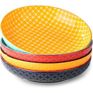 DOWAN 10" Vibrant Pasta, Salad & Soup Serving Bowls Set of 3, Embossed Large Porcelain Ceramic, Microwave & Dishwasher Safe, Bonita Design Dinnerware Dishes for Daily Dining, Family Gatherings, Party