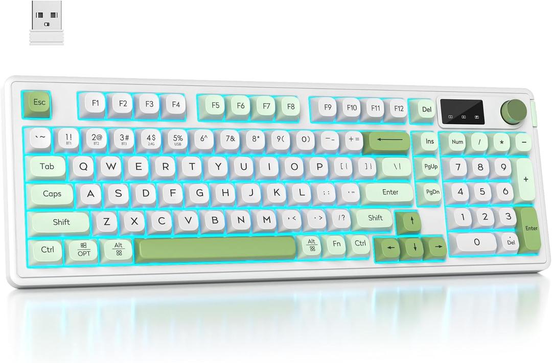 RGB Mechanical Feel Membrane Wireless Keyboard, Wired/Bluetooth/2.4G Silent ABS Ball Cap Gasket Structure Gaming Office Keyboard for PC/Mac/Win(White Green)