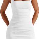 BORIFLORS Women's Sexy Bodycon Corset Mini Dresses Square Neck Ruched Sleeveless Club Party Short Dress, Small, White