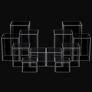 Thyle Jewelry Acrylic Risers Square Cube Display Nesting Risers Figure Stand with Hollow Bottoms Display Stand Shelf for Cosmetics Food Collectibles Perfume, 6 Sizes(Clear,24 Pcs)