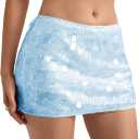 MakeMeChic Women's Sparkly Sequin Mini Skirt Y2k Low Rise Glitter Rave Micro Skirt with Shorts Underneath (Large, Blue)