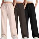 3 Pack Girls Wide Leg Sweatpants Drawstring Baggy Pants Teen Girls Athletic Joggers Pants with Pockets 5-14Y (9-10 Years, Light Apricot, Brown, Black)