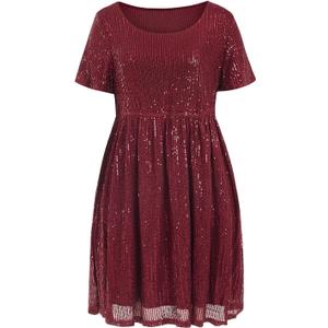 Wenrine Women's Sequin Plus Size Mini Dress Short Sleeve Scoop Neck Pleated A Line Cocktail Party Dresses (Wine Red), Size: X-Large Plus