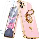 Compatible for iPhone 11 Case with 2 Pack Screen Protector, 360 Rotatable Ring Holder [Luxury Hearts Pattern] Plating Gold Edge Slim Soft Phone Cover Case for iPhone 11 - Girl Pink