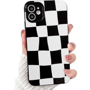 NITITOP Compatible with iPhone 11 Case Cute Aesthetic Checkerboard Larger Blocks Pattern for Women Girl Trendy Slim Fit TPU Silicone Shockproof Full Camera Protection Cover - Black and White