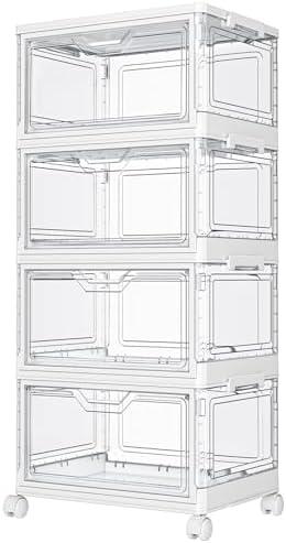 Kmiectse Clear Storage Bins with Lids,3 Tier Plastic Bins with Wheels,Stackable Storage Bin,Closet Organizers Box for Bedroom,Living Room,Toy,23 QT Folding Box with Magnetic door