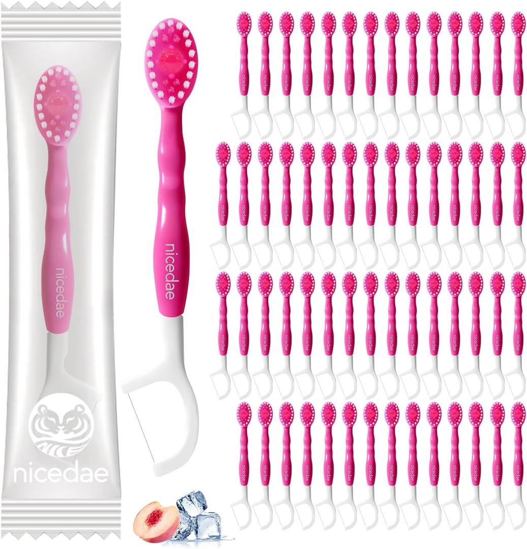 Disposable Mini Travel Toothbrush Bulk with Toothpaste 5in1 60Ct Portable Toothbrushes Set Floss Pick Tongue Scraper Cruise and Travel Essentials (Pink)