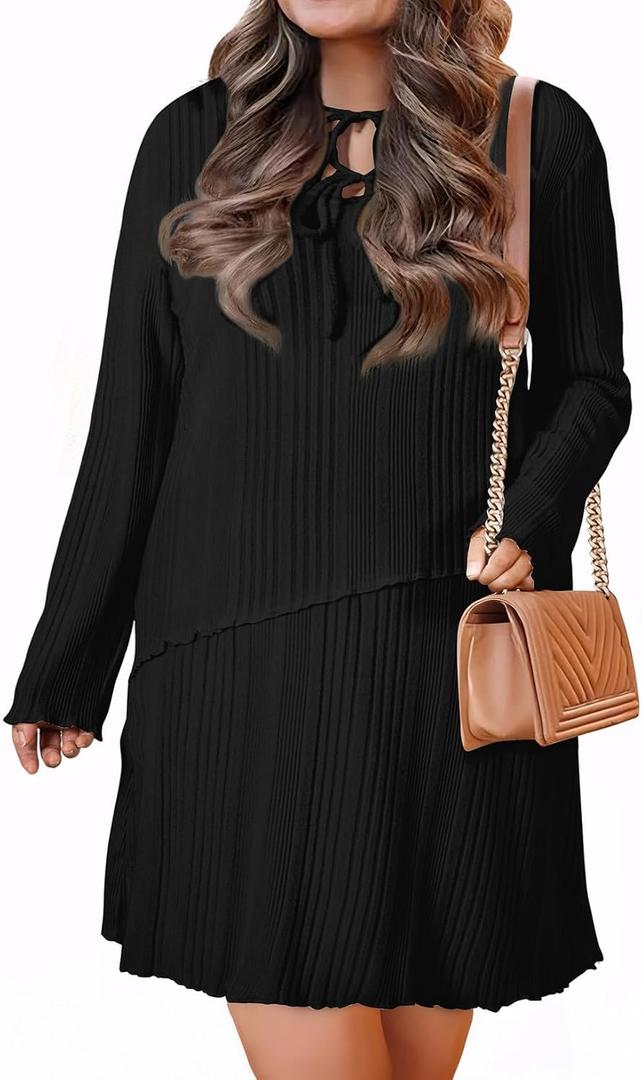 AlvaQ Plus Size Dresses for Women Fall Winter Casual Bow Tie Ruffle V Neck Ribbed Knit Mini Sweater Dress L-4X (Black, XL)