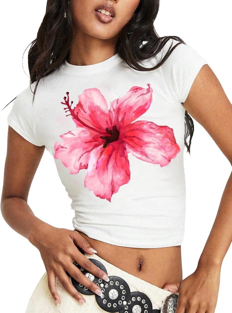 WDIRARA Women's Floral Graphic T-Shirts Crew Neck Short Sleeve Tee Going Out Tops (XL)