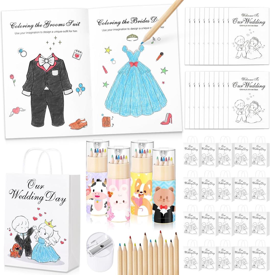 GeeSound 80 Pcs Wedding Coloring Activities Books for Kids: 20 Set Wedding Games Favors Including Colored Pencils Sharpener Wedding Activities Book Goodie Bags Sticker for Children Party Supplies