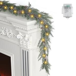Artgar Pine Garland, Real Touch Pine Garland, 6 FT Cedar Garland, Christmas Garland with 30 Warm Lights with 8 Light Modes, Garland Christmas Decorations for Mantels Stair Table Decor (White-Green)